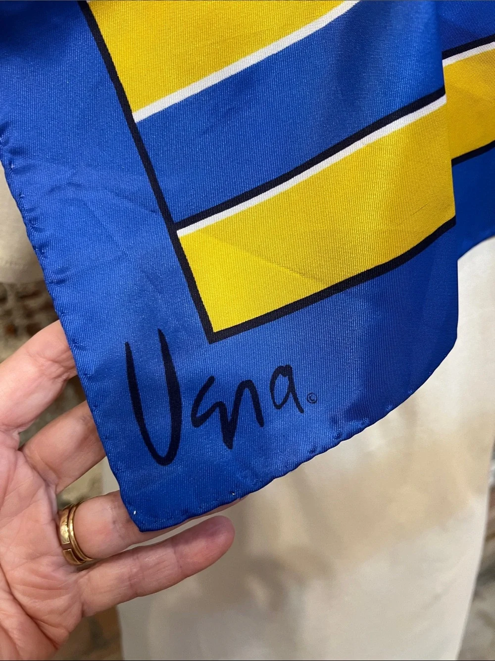 Vintage Vera Neumann blue / gold scarf 100% acetate made in Italy large logo
